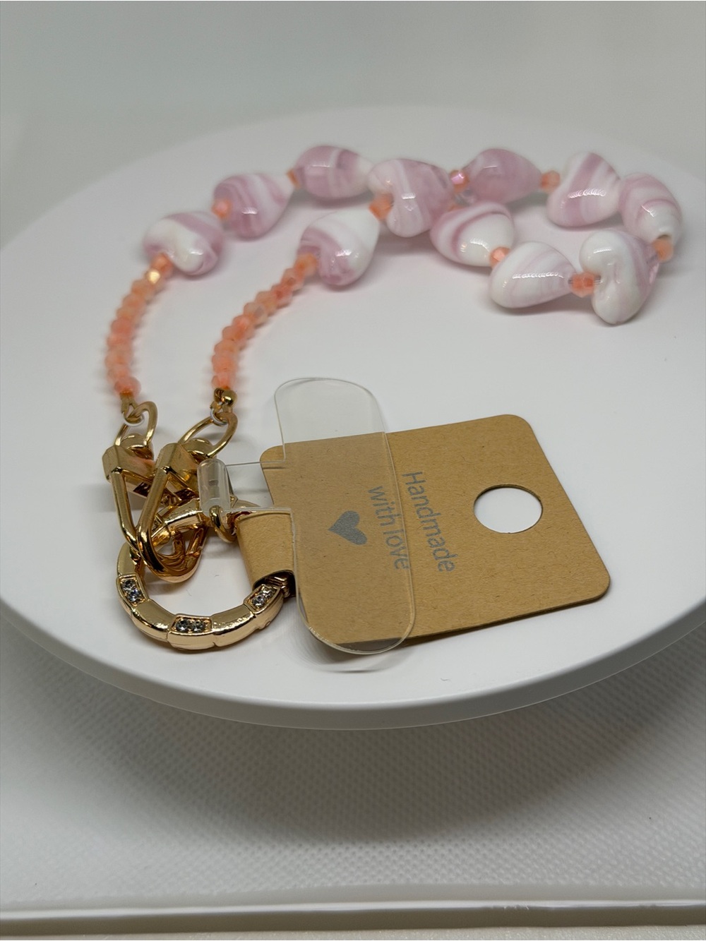 Hand Crafted Pink and White Heart Beaded Purse and Phone Wristlet